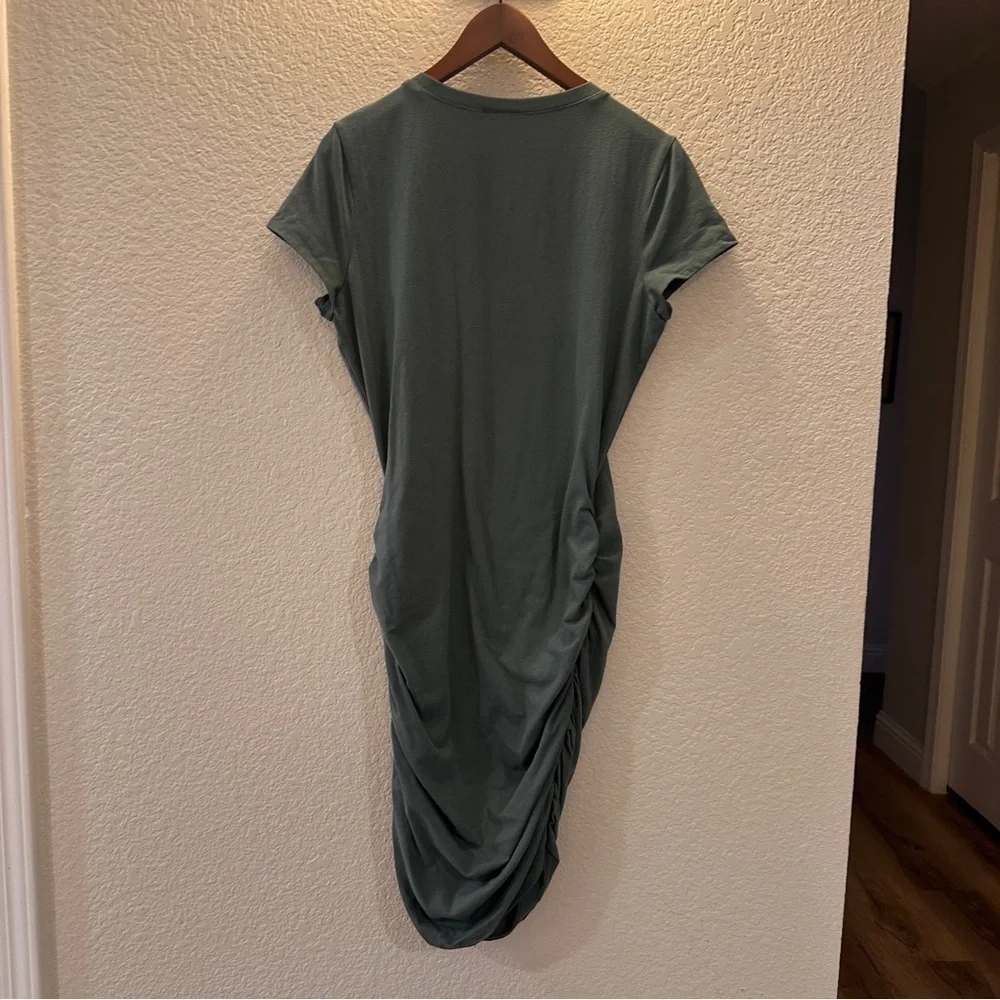 Nine West Blue Teal Ruched Midi Dress Large Short Sleeve Stretchy Casual Chic - Picture 3 of 8